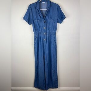 Lolita | 70s Vintage Style Short Sleeve Smocked Waist Denim Jumpsuit | M